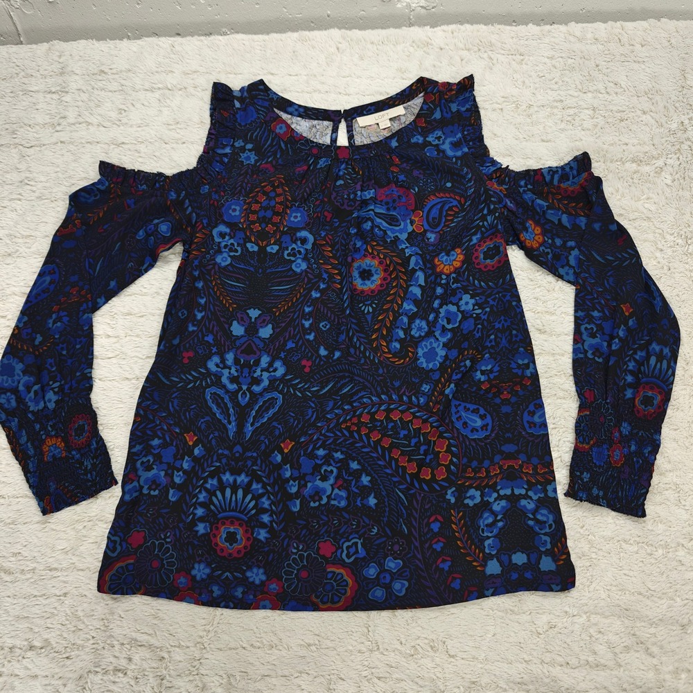 LOFT‎ Blouse Womens S Floral Paisley Cold Shoulder Ruffle Bold Feminine Romantic